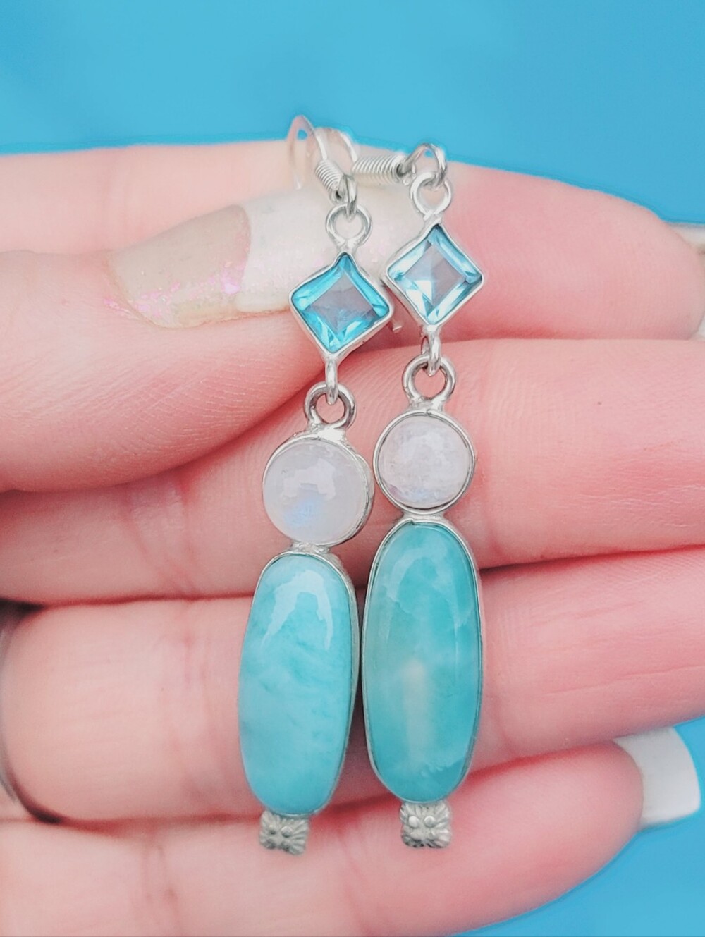 NATURAL LARIMAR TOPAZ & MOONSTONE SIGNED STERLING SILVER 925 DANGLE EARRING